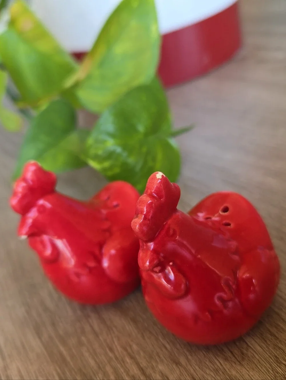 Glossy Red Ceramic Hen Salt & Pepper Shakers